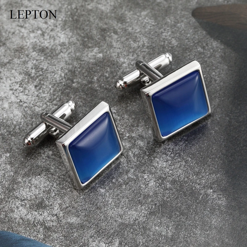 

High Quality Blue Opals Stone Cufflinks for Mens Shirt Cuffs Cufflink Lepton Fashion Square Stone Cuff links Relojes gemelos