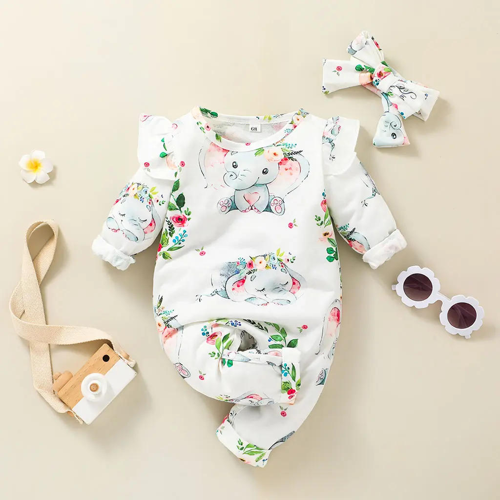 

Cotton Baby Clothes Ruffled Baby Girl Romper Newborn 0 to 3 Toddler Fall Girl Clothing for Babies Cartoon Elephant Kids Clothes