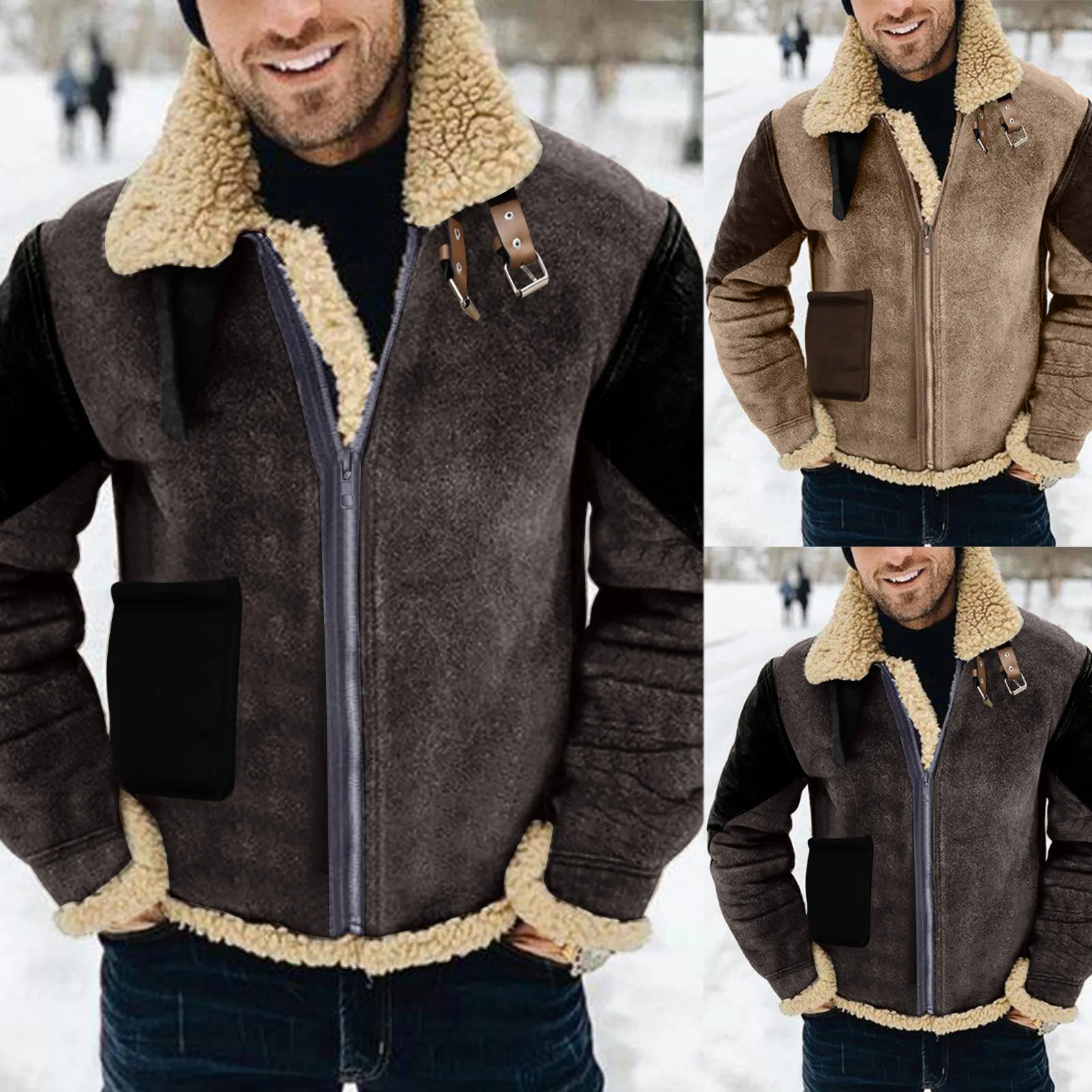 

Men Autumn And Winter Coats Casual Solid Color Matching Plush Zip Coat Long Sleeve Lapel Coat Warm Top Blouse