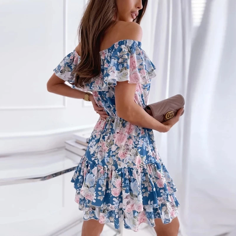 

Women Sexy Off Shoulder Floral Print Mini Dresses 2021 Summer Elegant Short Sleeve Slash Neck Slim Boho Ruffles Party Sundress