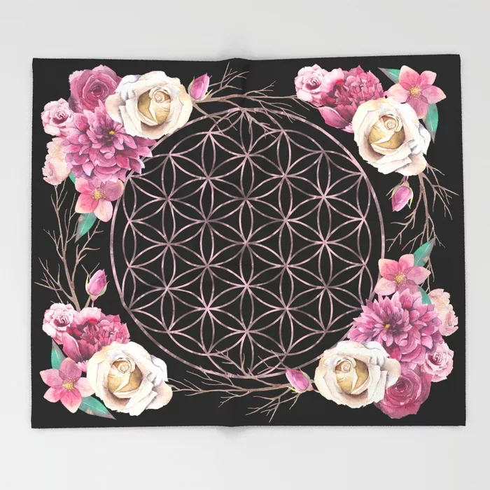 Flower Of Life Rose Gold Garden On Black Fleece Blankets And