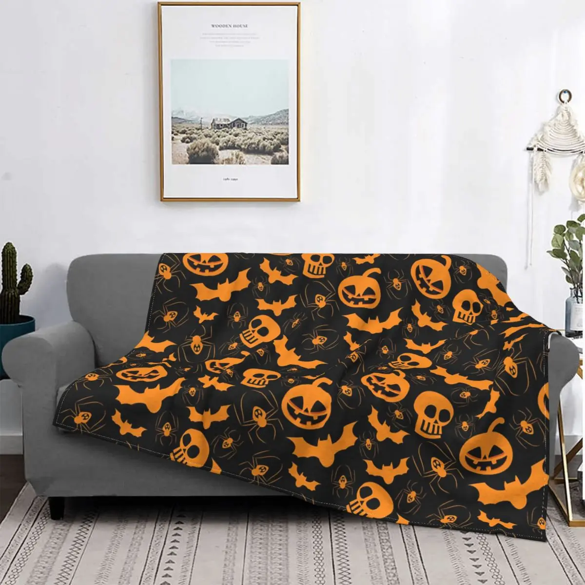 

Happy Halloween Blanket Pumpkin Bat Skull Cartoon Fleece Throw Blankets Home Couch Printed Lightweight Bedspread