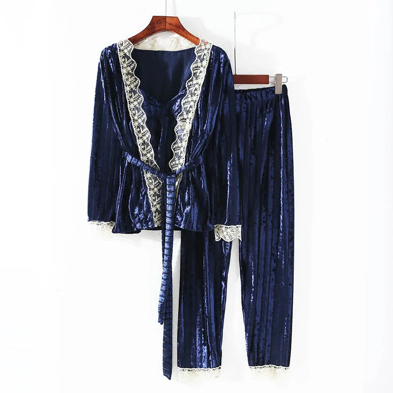 Зима 3 шт новые золотые бархатные пижамы для женщин с v-образным вырезом мягкий