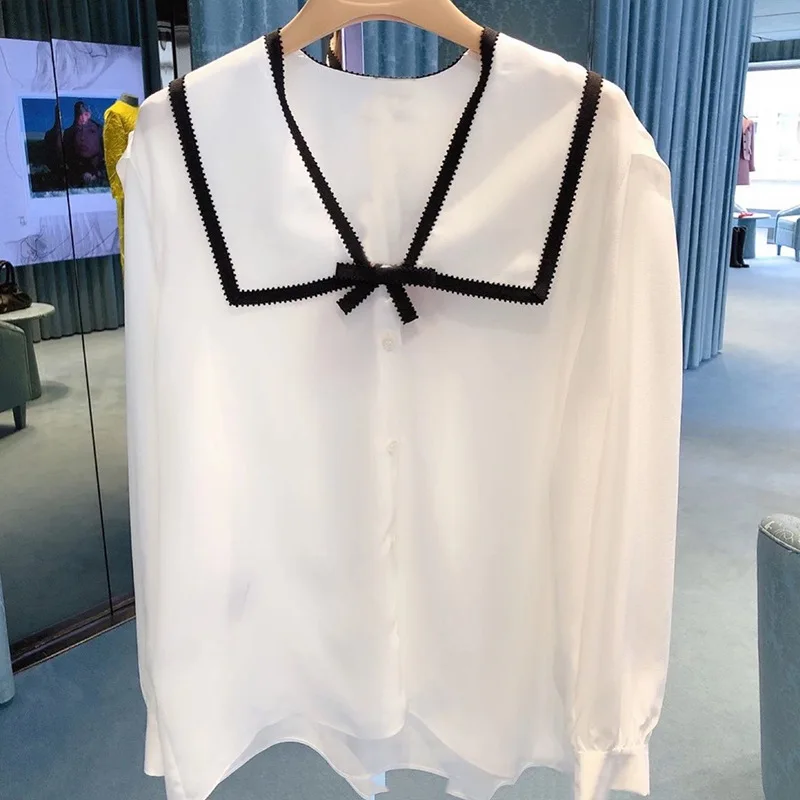 

Korean Fashion Clothing 2020 Spring Autumn Elegant Long Sleeve White/Blue Chiffon Blouses Womens