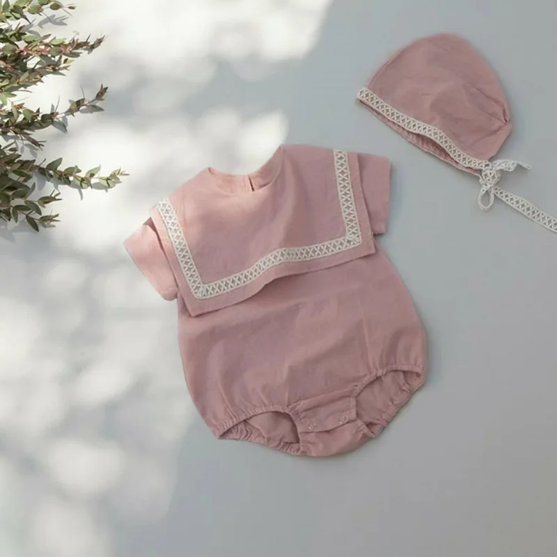 

Summer New Baby Girl Clothes Toddler Large Lapel Fashion Short Sleeve Bodysuit Infant Boy Breathable Thin Bodysuits + Hat
