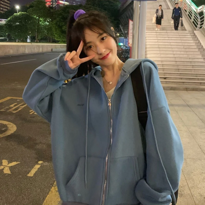 

Women's zipper sweatshirt, Korean style, retro smooth long sleeve top, large size Hoodie, jacket, casual coat