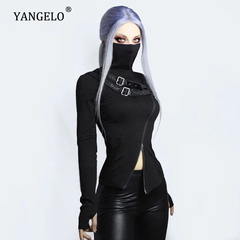 

Женская Механическая футболка Yangelo, черная футболка с двойной молнией и высоким воротником, с длинным рукавом, Осень-зима