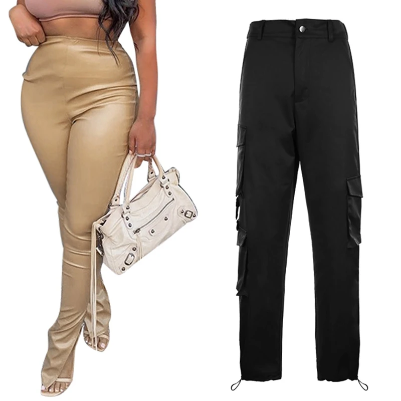 

Женские брюки из искусственной кожи цвета хаки, комбинезоны с большими карманами и высокой талией, свободные брюки-карго, черные, L