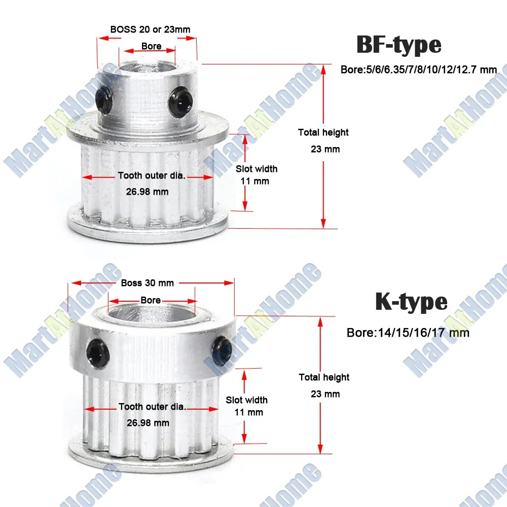 Aluminum Timing Pulley XL17 17T 17-Teeth Slot Width 11mm BF-type/K-type Boss 20mm/23mm/30mm Bore 5~17mm for 3D Printer | Обустройство