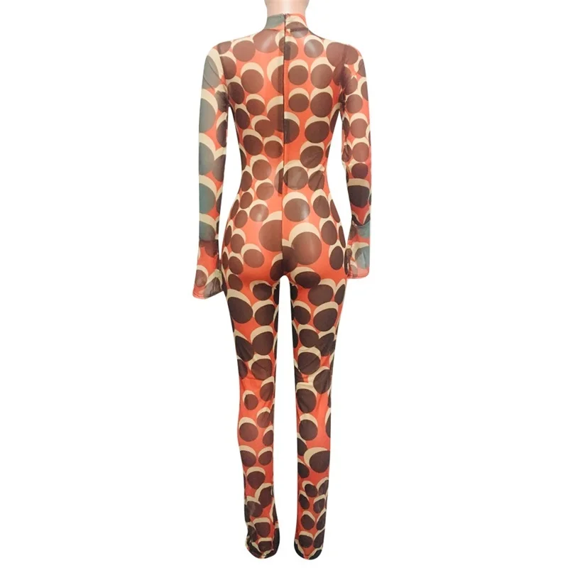 

Mesh Bodycon Sexy Jumpsuit Women Long Sleeve Rompers Back Zipper Womens Jumpsuit Print Perspective Female Overalls