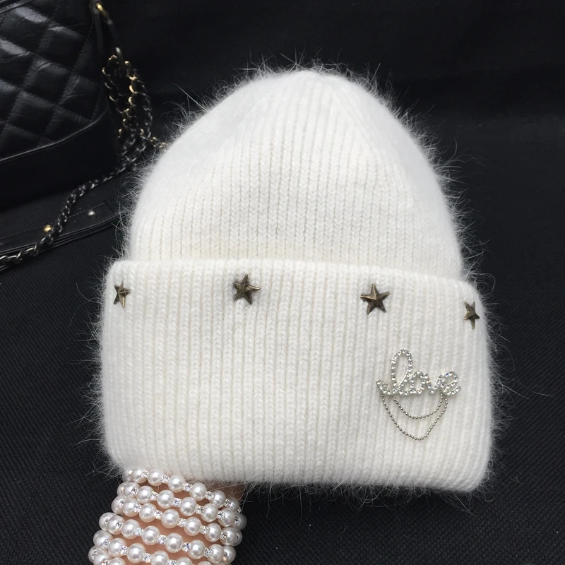 

winter style rivet rabbit fur beanies for women web celebrity female cold knitting hat warm