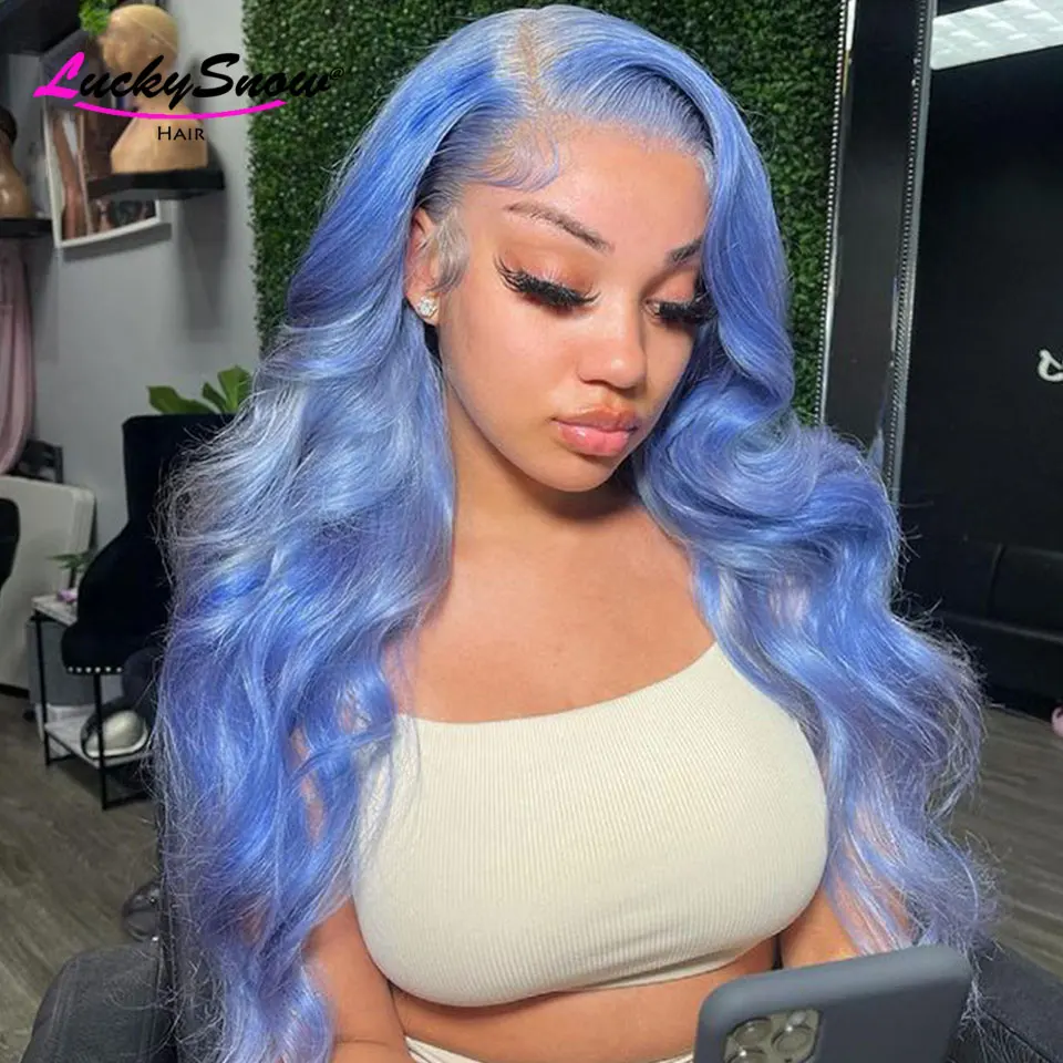 

Haze Blue Colored Human Hair Wigs Pre Plucked Body Wave Lace Front Human Hair Wigs For Women Blue HD Transparent Lace Wigs 180%