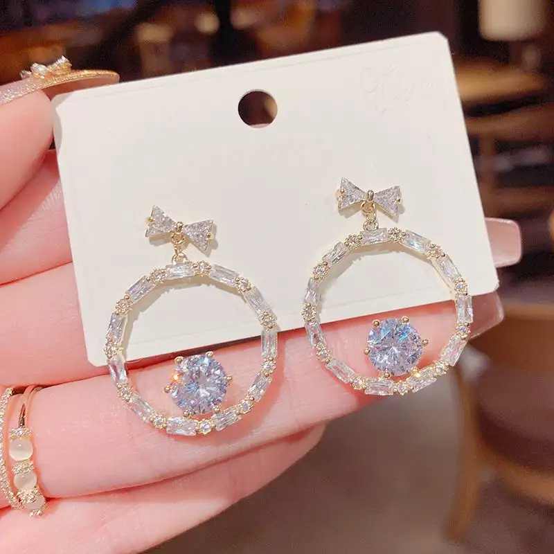

Micro Pave Zircon Bow Round Circle Earrings For Women Personality New Fashion Jewelry Delicate Earings bijoux Wholesale