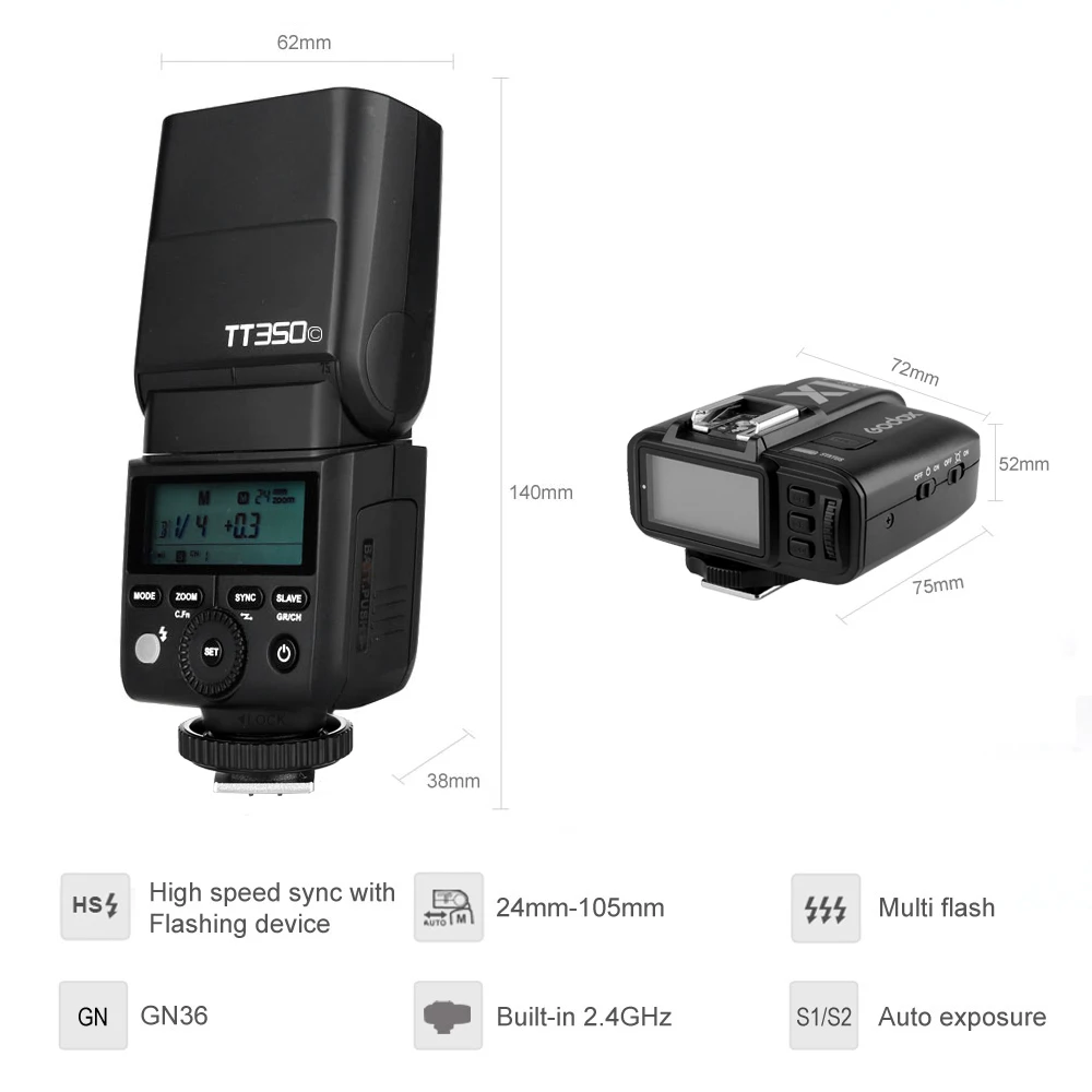 Вспышка Godox TT350C TT350N TT350S TT350F TT350O TTL HSS 1/8000s с передатчиком X1T для Canon Nikon Sony Fuji Olympus |
