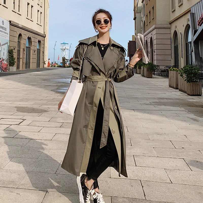 

Woman Long Overcoat Spring Coat Korea New British Hepburn Windbreaker Stitching Double Collar Autumn Over The Knee Trench Coat