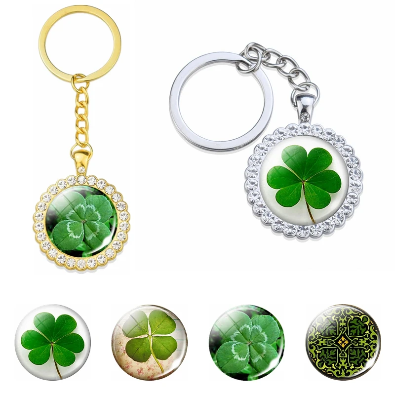 

Clover Four Leaf Clover Keychain Glass Cabochon Lucky Flower Crystal Pendant Car Key Ring Jewelry Accessories Couple Gift