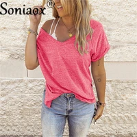 women oversized solid color v neck ladies sweatshirt short sleeve t shirt summer new female casual loose plus size top t shirt