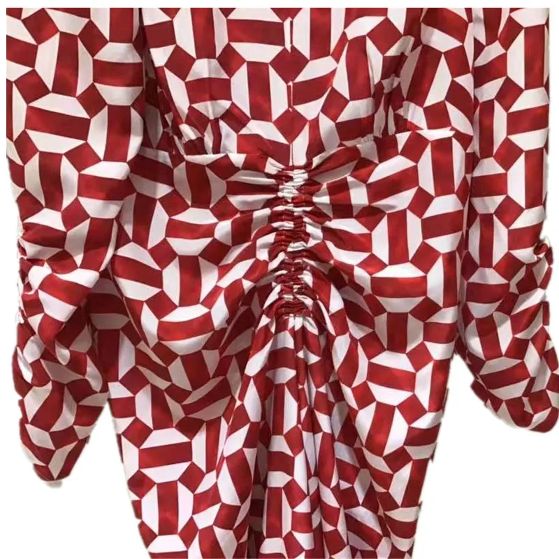 

2021 spring and summer new women's dress silk red geometric pattern printing silk irregular hem