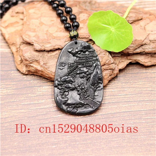 Китайский натуральный черный зеленый нефритовый пейзаж кулон ожерелье
