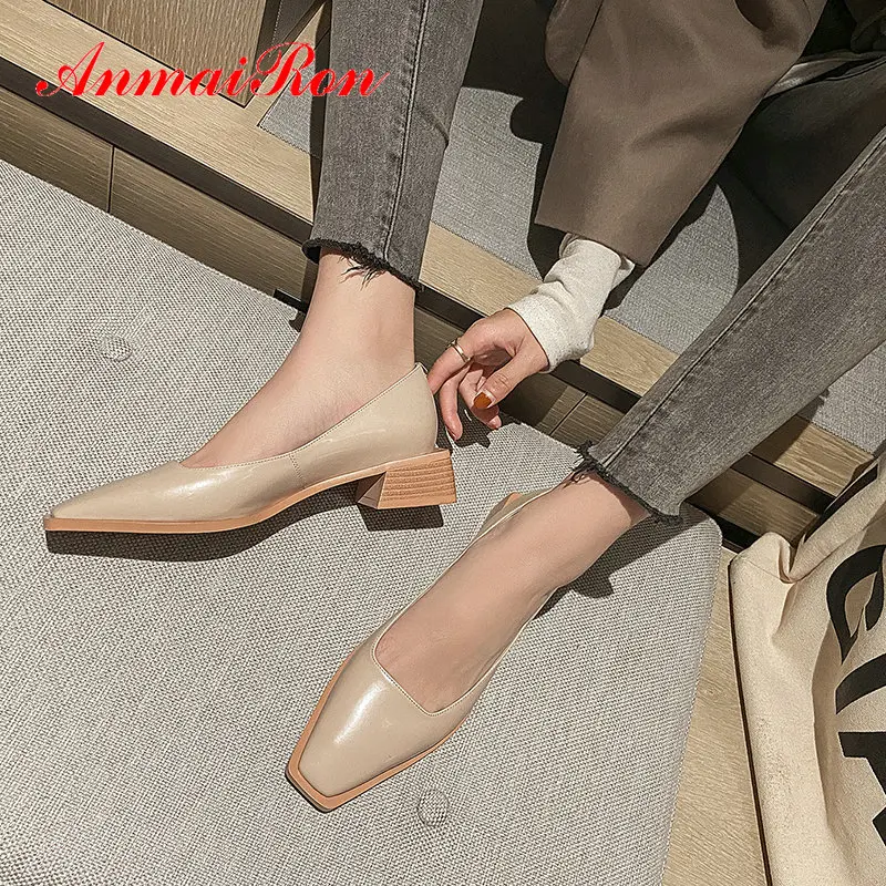 

ANMAIRON 2020 Slip-On Genuine Leather Square Toe Women Shoes High Heel Basic Party Spring/Autumn Shallow Wedding Shoes 34-39