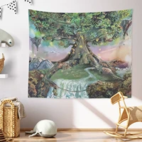 green fairy tale forest cartoon trees house world small lantern wall hanging creative japanese anime style forest wall tapestry