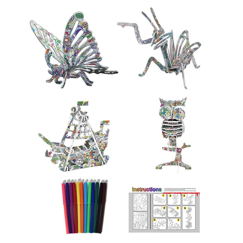 

4pcs Adult Coloring Handmade Birthday Gift Jigsaw Toy Funny DIY Paper Assembled Family Early Educational For Kids Home Decor 3D
