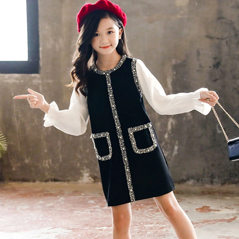 Детское платье с длинным рукавом белое черное лоскутное для девочек 4 6 8 10 12 лет