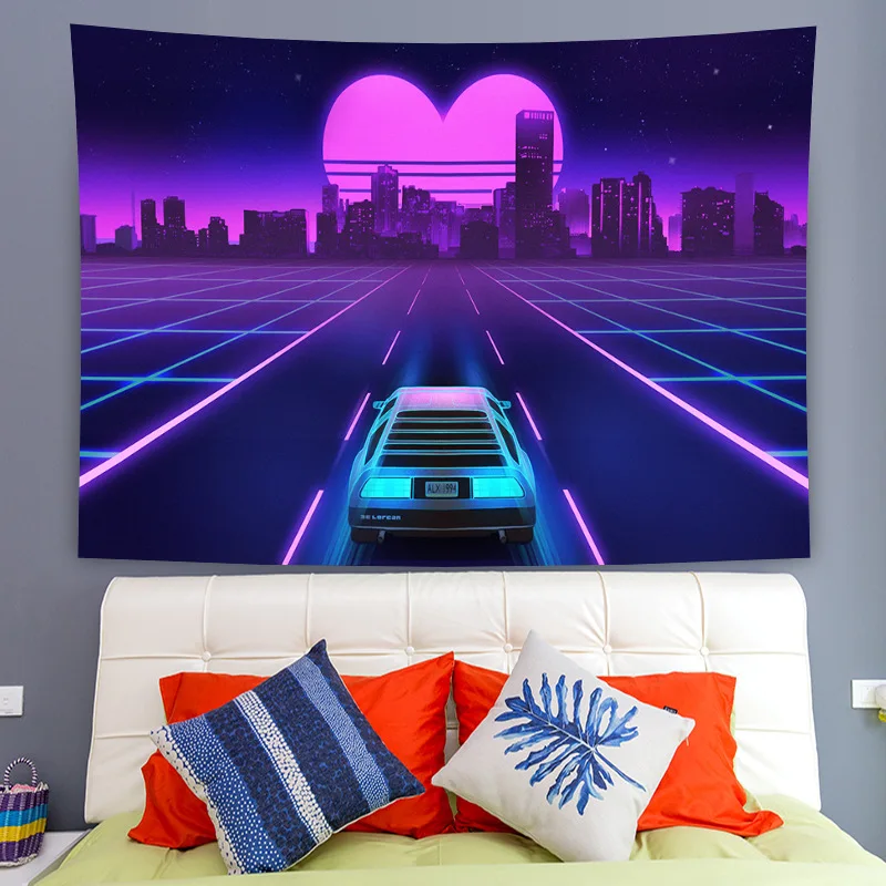 

Nordic Home Decoration Cloth Psychedelic Urban Neon Speed Car Tapestry Background Decoration 3D Technology Sense Wall Hanging