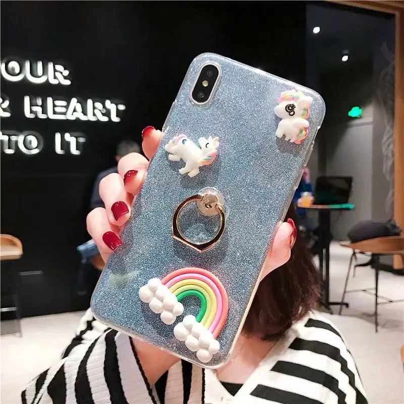 Transparent Glitter Phone Case For iPhone 6 6S 7 8 Plus X XS XR SMAX 3D Unicorn With Ring Stand Anti-knock Soft Back Cover Capa |