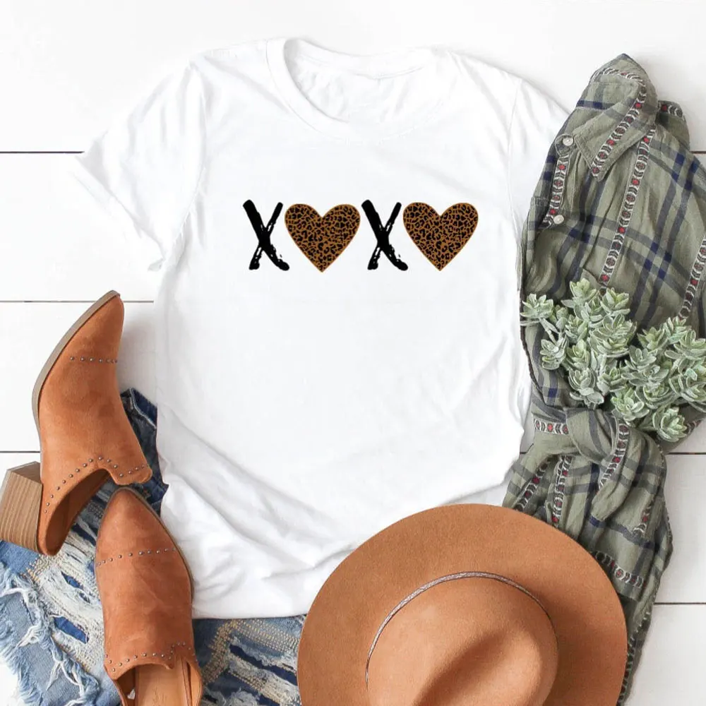 XOXO цветная футболка с леопардовыми сердечками милая Подарочная на День святого