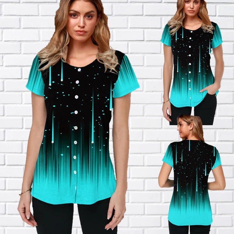 Женская блузка Robe Femme с короткими рукавами Звездная ночь на пуговицах принтом