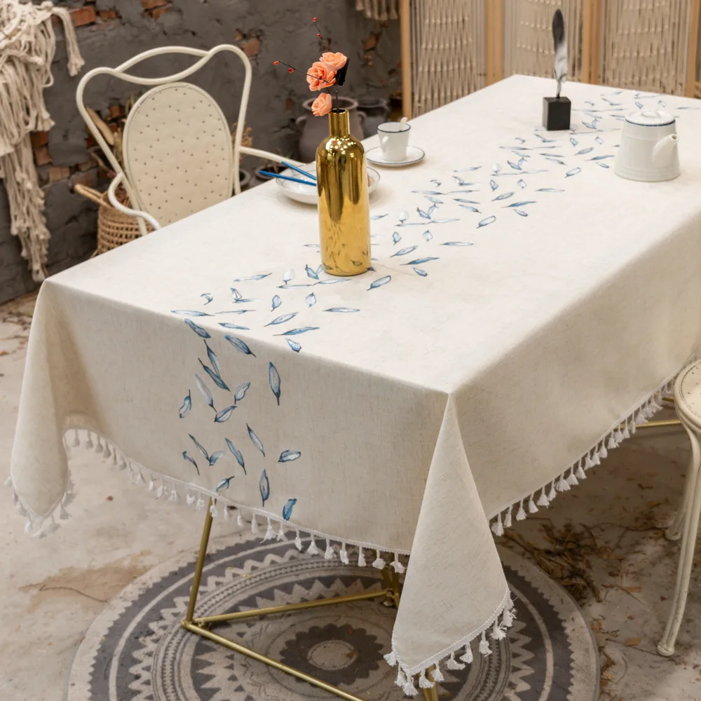 

Home Textile High-end Linen Embroidered Table Cloth Hotel Picnic Table Covers Home Dining Tea Table Decoration Lace Tassel