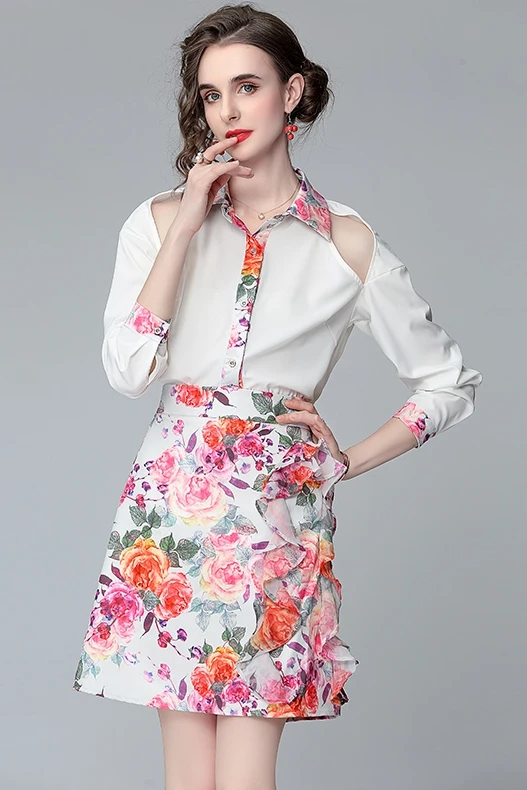 

European station fashion suit spring 2021 new Korean style strapless shirt ruffle print skirt two pieces