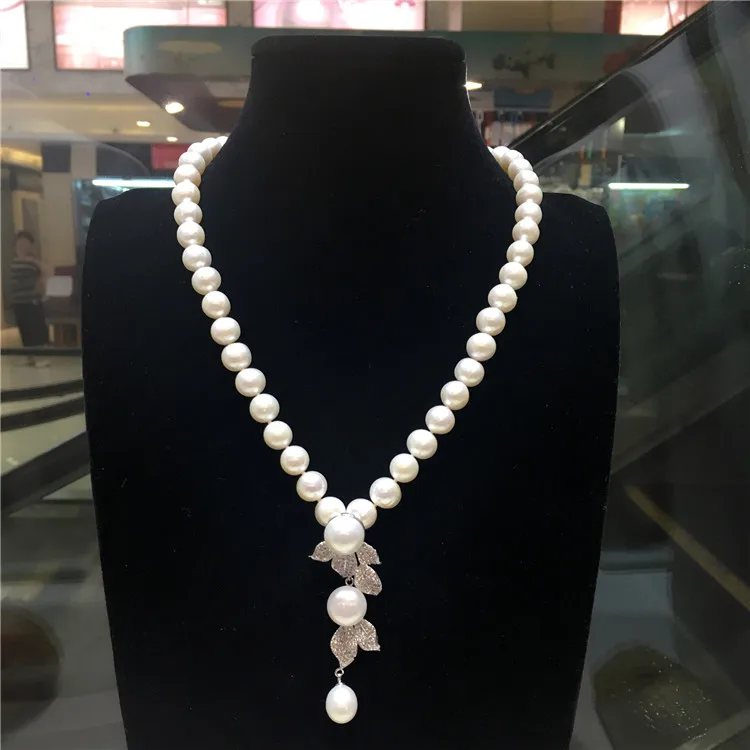 

Hot sell new 8-9mm natural white freshwater pearl necklace zircon accessories pendant fashion jewelry