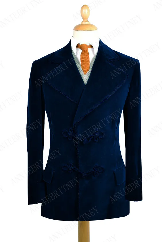 Navy Blue ANNIEBRITNEY темно-синий мужской костюм, приталенный смокинг на заказ, блейзер, костюмы на выпускной, свадьбу(бархатный пиджак+ черные хлопковые брюки - Цвет: Navy Blue