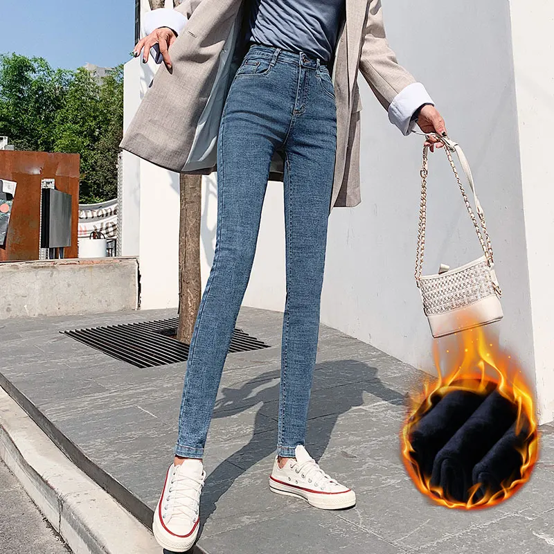 jeans woman mom high waist stretch women jean femme streetwear ripped for denim black blue fleece warm skinny | Женская одежда