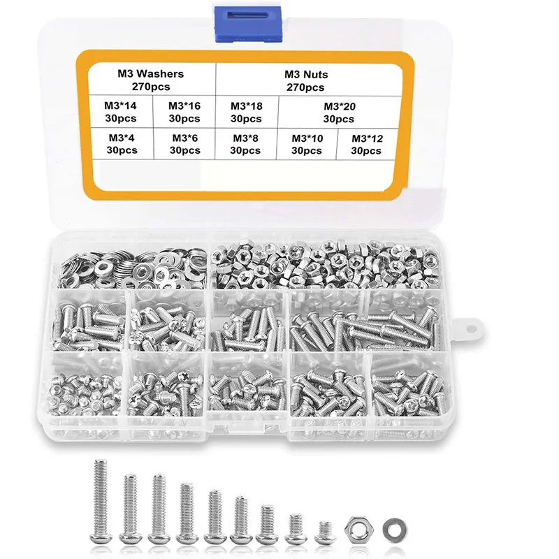 

810Pcs Screw ortment Kit 304 Stainless Steel Phillips Pan Head Machine Screws Bolts Nuts Lock Flat Washers(M3)