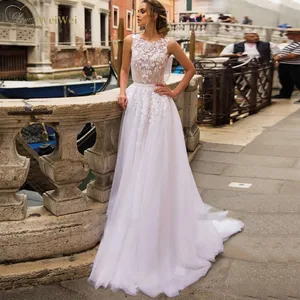 Elegant Scoop Neck Wedding Dress A-Line Sleeveless Wide Straps Floor Length Lace Applique Sash Bridal Gowns Vestidos De Novia