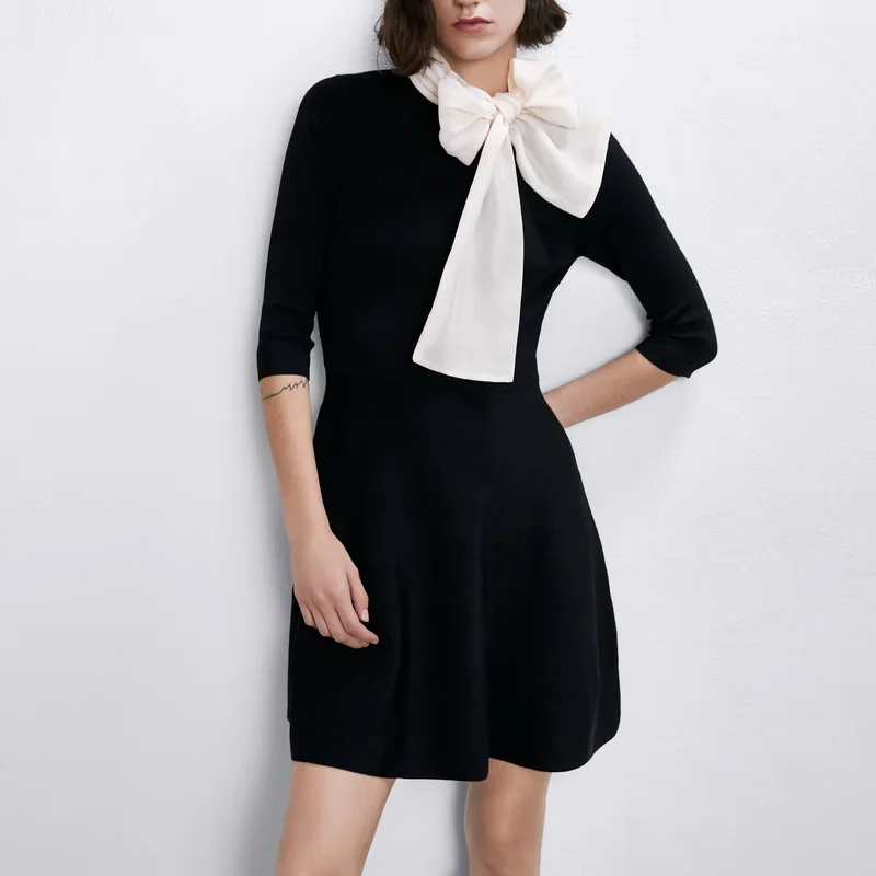 Женское черное платье осень 2019 новая мода белый бант воротник пэтчворк тянущаяся