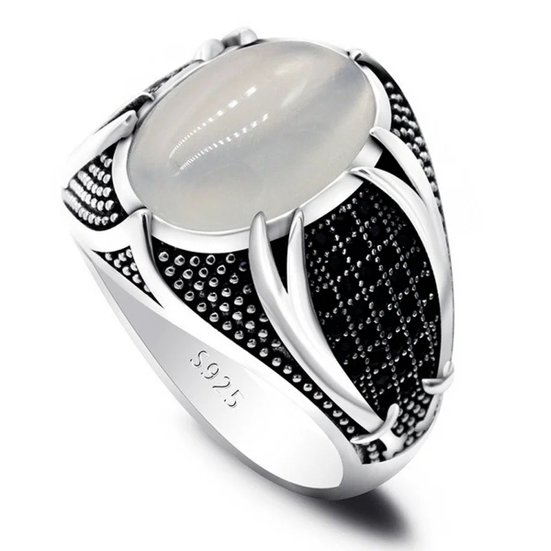 

New European and American retro machete men's ring antique silver AAA black zircon two knife ring size 5-11