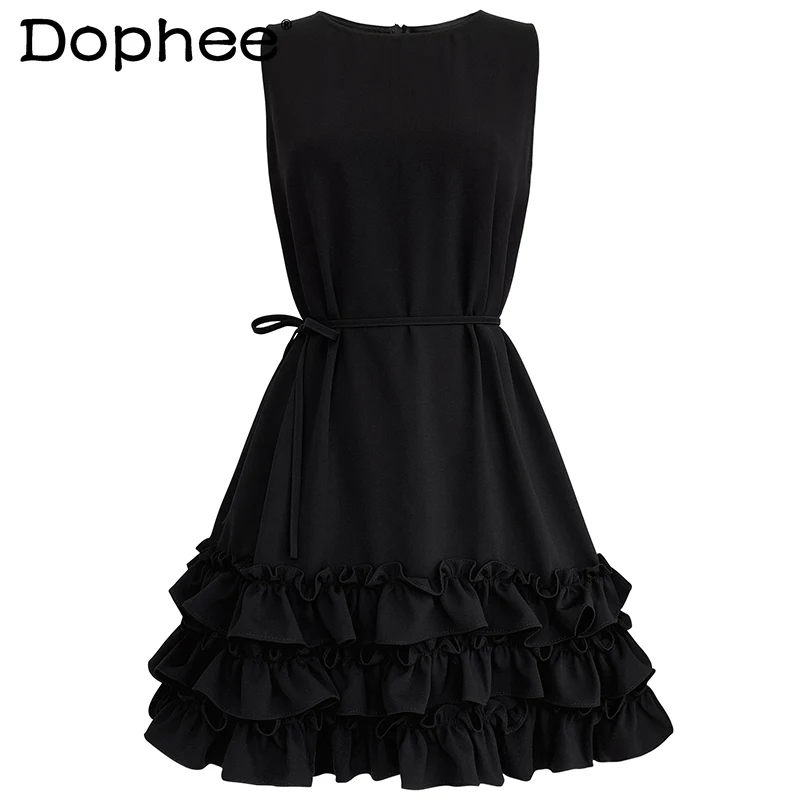 

French Style Elegant Ruffled Dress Sleeveless Sexy Dress for Women 2021 New Slimming Vest Dress Solid Colour Simple Midi Dress