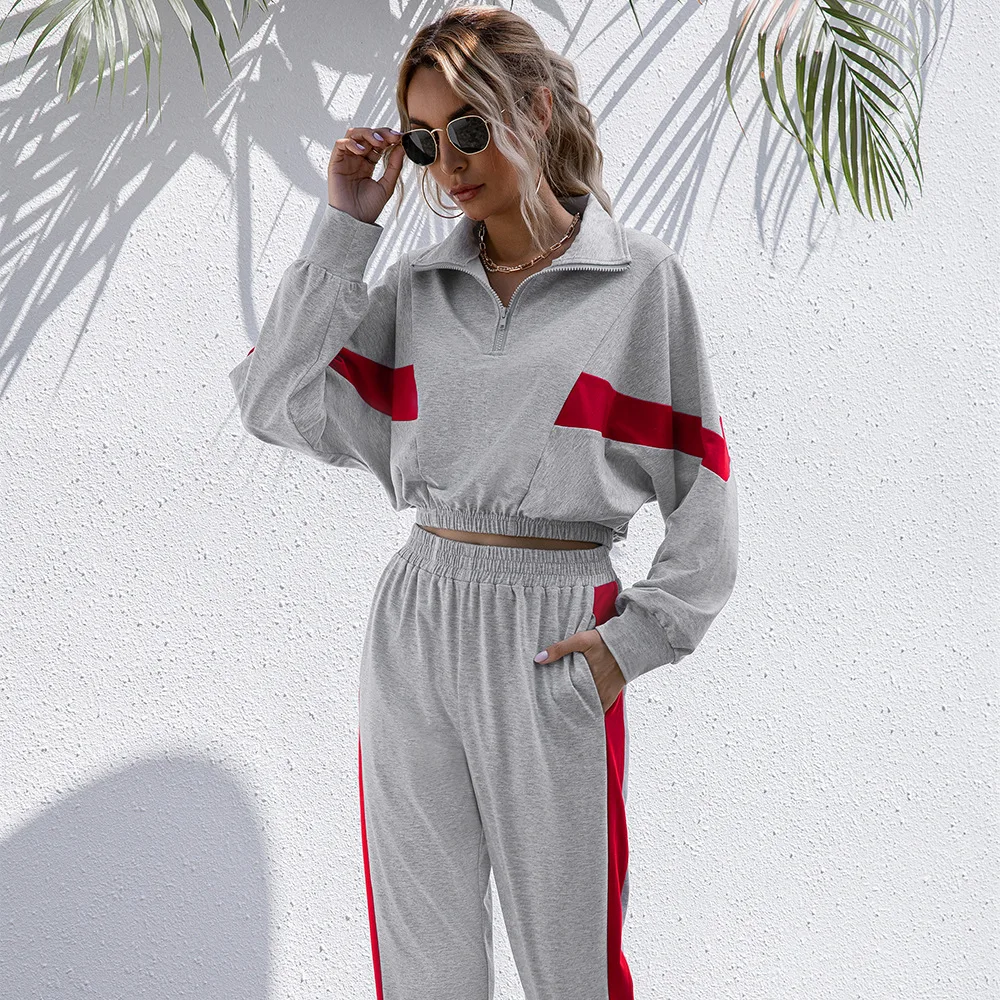 

Autumn and winter new color matching short sweatshirt suit casual sports suit women