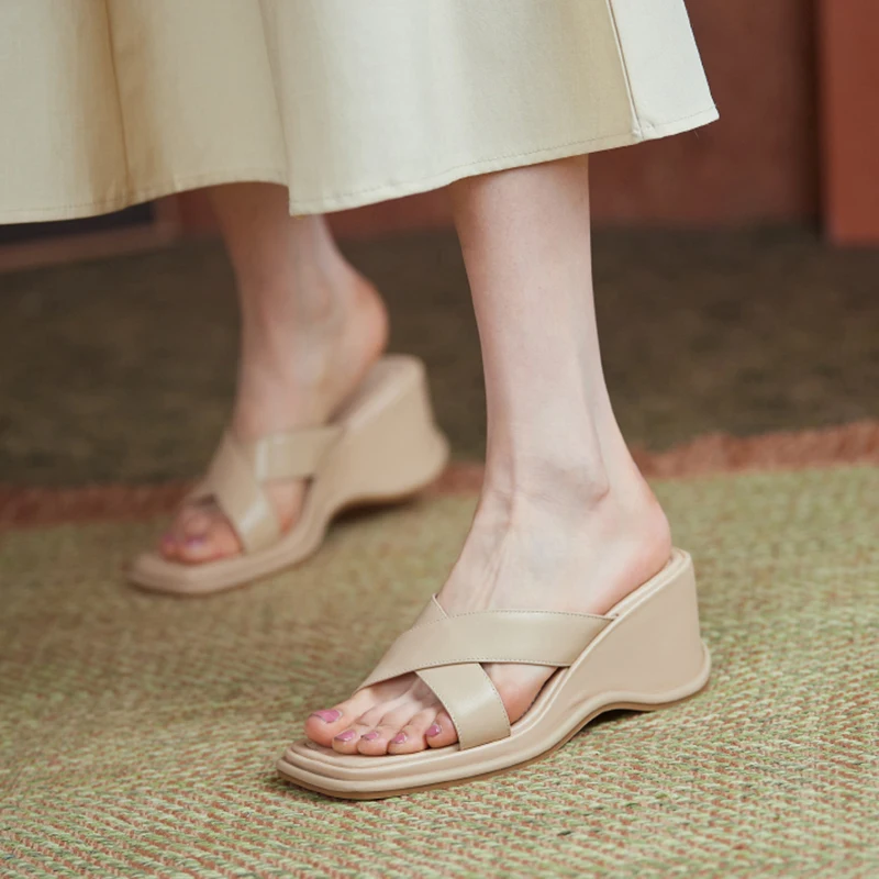 

Platform Slippers Women 2021 Newest Summer Shoes Comfortable Simple Wedges Shoes Hot Sale High Heels Genuine Leather Shoes Woman