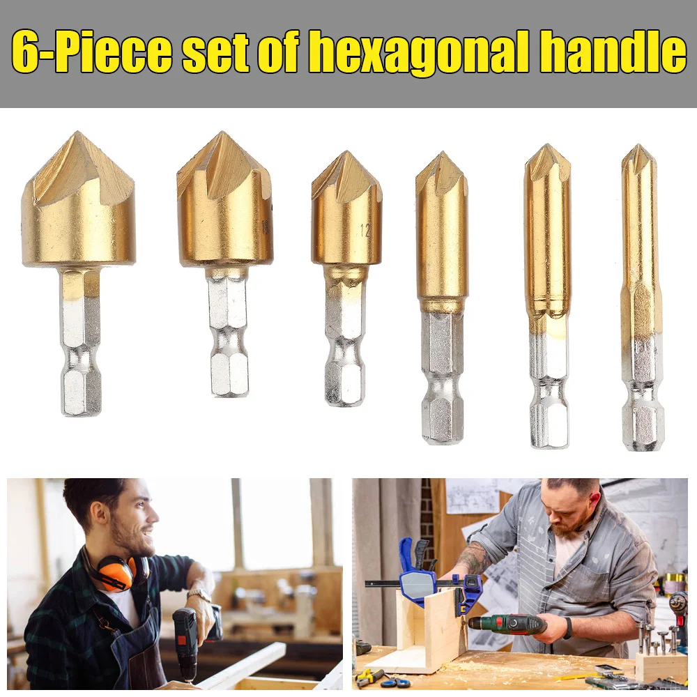 

6pcs Countersink Bit Set HSS 90 Degrees Chamfering Cutter 6-19mm Hex Shank Countersink Drill Bit for Woodworking Plastic