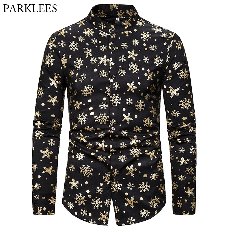 Мужская приталенная рубашка с воротником-стойкой принтом снежинок | одежда