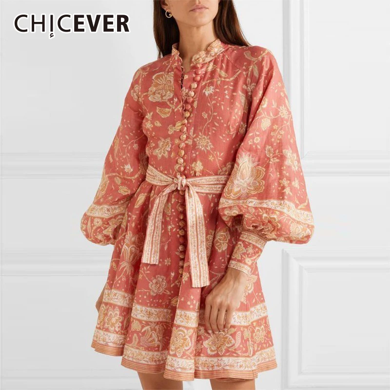 CHICEVER винтажные красные мини платья с цветочным принтом длинным рукавом и поясом