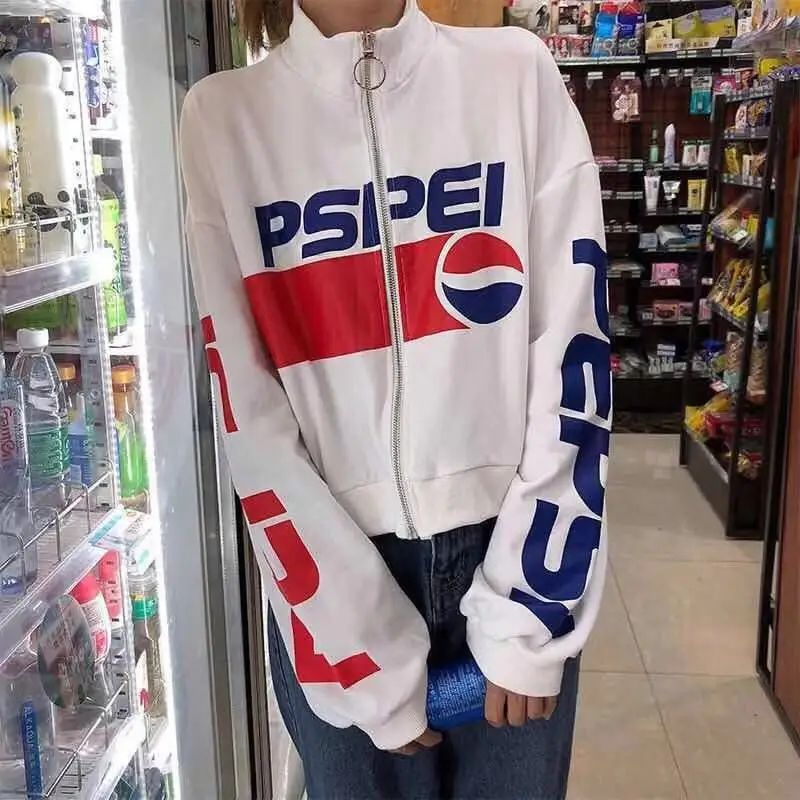 Ulzzang уличный стиль, толстовка на молнии, большие размеры, женская одежда Kpop, осень, Pepsi, графический Укороченный свитшот, женские белые топы - Цвет: Белый