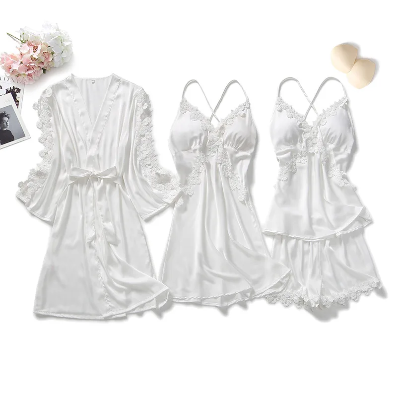 

White Women Pajamas Sets 4 Pieces Satin Sleepwear Pijama Silk Home Wear Lace Chest Pads Spaghetti Strap Sleep Lounge Pyjama