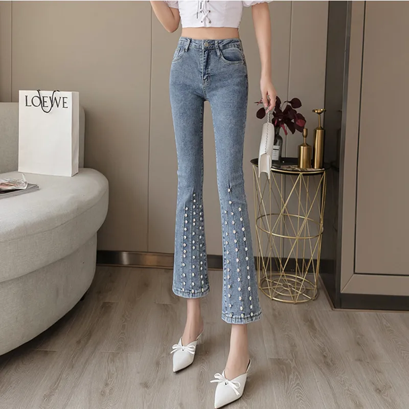 2019 женские джинсы с высокой талией весенние тонкие бисером и бриллиантами |
