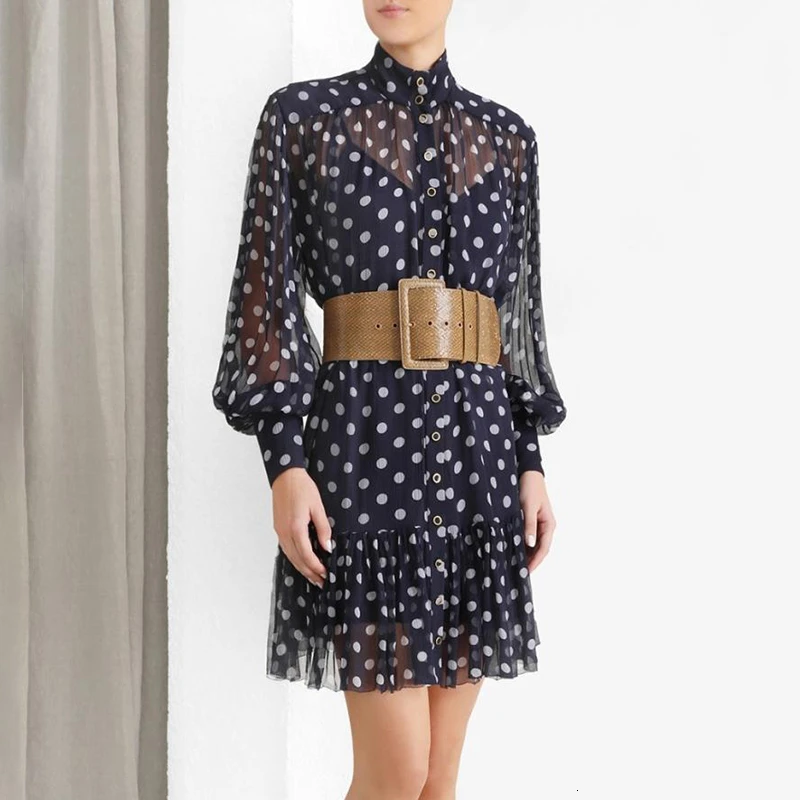 CHICEVER/платье в горошек с бантом женское платье со стоячим воротником и
